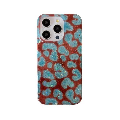 Reoomukk Blue Brown Cheetah Leopard Print Phone Case for iPhone 15 Pro Max 6.7in,Trendy Coquette Aesthetic Tortoise Shell Cool Girl Glitter Slim Protective Cover for iPhone 15promax 6.7"