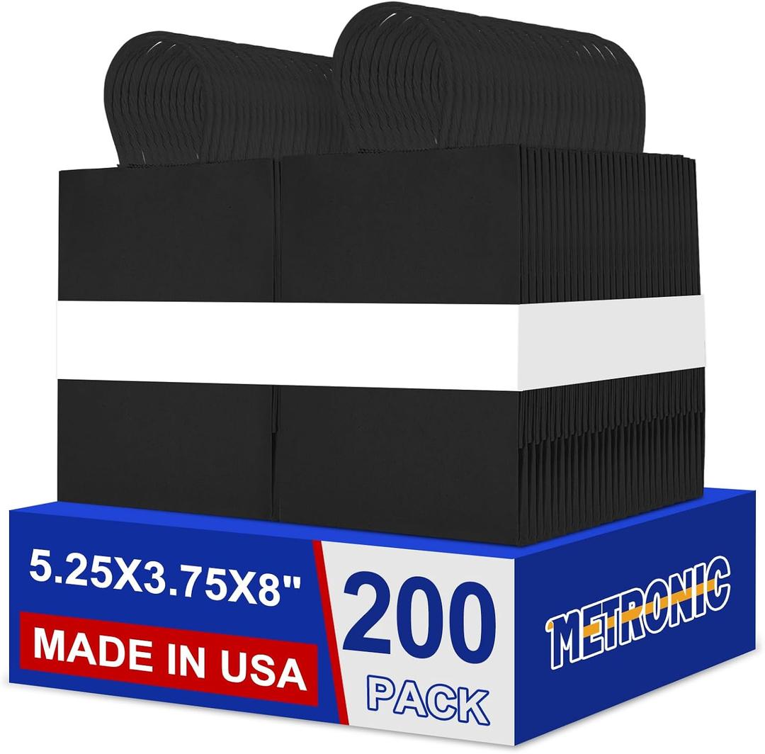 METRONIC 200 Pack Black Paper Bags 5.25x3.75x8 inch,Small Kraft Bulk Gift Bag with Handles Recycled for Retail Birthday Party Favors Shopping Goody Grocery Business