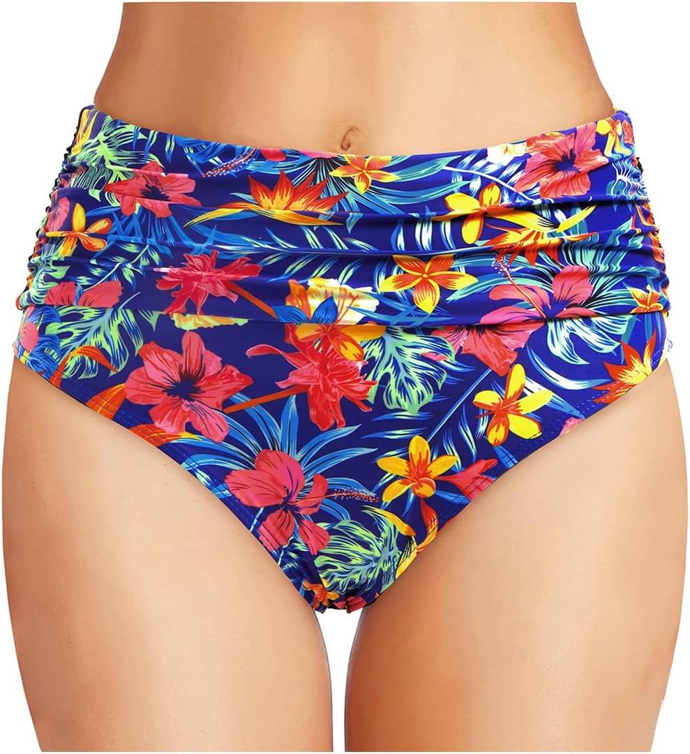 Tempt Me Women's High Waisted Bikini Bottom Tummy Control Ruched Bathing Suit Swim Bottom M (Blue Floral)
