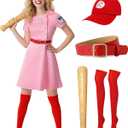 Women Baseball Dress League Costume with Cap Socks Belt Inflatable Baseball Bat Halloween Cosplay Uniform Set (Large)