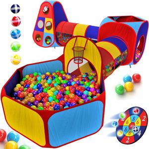 Playz 5pc Kids' Play Tents & Tunnels - Ball Pit for Toddlers, Basketball Hoop, Crawling Tubes, Pop-Up Playhouses, Baby Obstacle Course for Indoor or Outdoor Use (Blue, Yellow, Red)