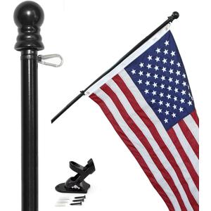 American flag and pole kit set: Includes a 3x5 ft Embroidered US flag made in USA, 6 ft aluminum tangle free spinning flag pole with carabiners, and flagpole holder wall mount bracket (Black)