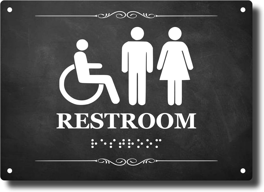 ADA Compliant Restroom Sign with Raised Braille Text, White Men, Women, and Disabled Logos, UV Printed Aluminium Composite, 8" x 5.75"