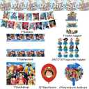 43Pcs For One Piece Birthday Party Supplies: 1 Banner, 1 Tablecloth, 1 Backdrop, 1 Cake Topper, 24 Cupcake Toppers, 15 Balloons, 2 Aluminum Balloons for Kids Boys Theme Party Decorations