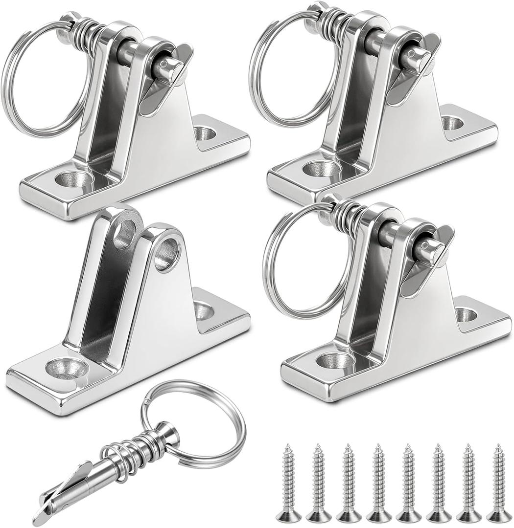 4 Pcs Bimini Top Deck Hinge, 304 Stainless Steel Marine Hardware with Pin, Ring and Screws, Boat Bimini Top Parts for Pontoon, Fishing & Ski Boats