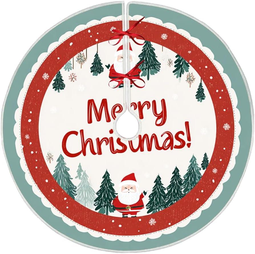 Christmas Tree Skirt 47.2 Inch Blue Green Round Santa and Pine Forest Pattern Merry Christmas Design Holiday Decoration for Xmas Tree Skirt Home Living Room Decor (Colorful889)