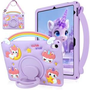 SAMONPOW for iPad A16 Case/10th Generation Case Rainbow Unicorn iPad 11th Generation Case for Kids Girls Teens with Strap Rotating Stand Handle Soft Silicone Cover for iPad 11 Inch 2025 Purple