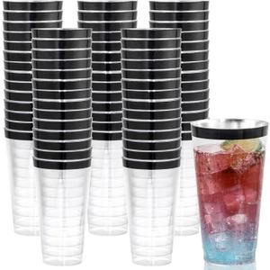 LIYH 100 Pcs 16 oz Black Rim Disposable Plastic Cups  Clear Fancy Party Cups for Weddings Cocktails Party 480ml