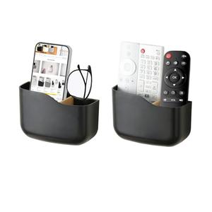 SUNFICON Wall Mount Remote Holder TV FAN Remote Control Holder Bedside Caddy Wall Organizer Phone Holder for Office Adhesive Media Player Controller Holder Box Tray Home Desk Nightstand 2 PACK BLACK
