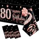 3 Pack Rose Gold 80th Birthday Tablecloth Decorations - Happy Eighty Birthday Theme Table Cover Party Supplies, Plastic Disposable Rectangular Table Cloth Decor