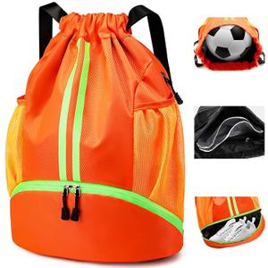 Drawstring Backpack Gym Bag for Women, String Bags Sports Cinch Sackpack with Shoe Compartment and Waterproof Wet Pocket Large Gym Sack for Fitness Swim Basketball Soccer Beach (Orange)