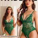 Avidlove Lace Bodysuit for Women Bow Tie Teddy Lingerie Sexy V Neck Babydoll Satin Ribbon(Green,Medium)