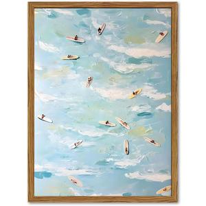 Framed Tiny People Surfing Canvas Wall Art, Abstract Blue Coastal Surfer Pictures Wall Decor, Funky Summer Ocean Paintings Prints Beachy Home Decor for Living Room Bedroom Dorm 16x24 inch