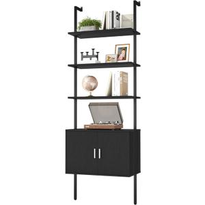 Yusong 73" Tall Bookshelf with Cabinet, Industrial Ladder Wall Mount Shelf Bookcase with Wood and Metal Frame, Plant Shelf Wall Storage Display for Living Room Bedroom, Black Wood Grain