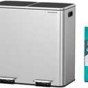 SONGMICS Trash Can, 2 x 10.6 Gallon (2 x 40 L) Garbage Can for Kitchen, with 15 Trash Bags, 2 Compartments, Plastic Inner Buckets and Hinged Lids, Airtight, Silver and Black ULTB730E80