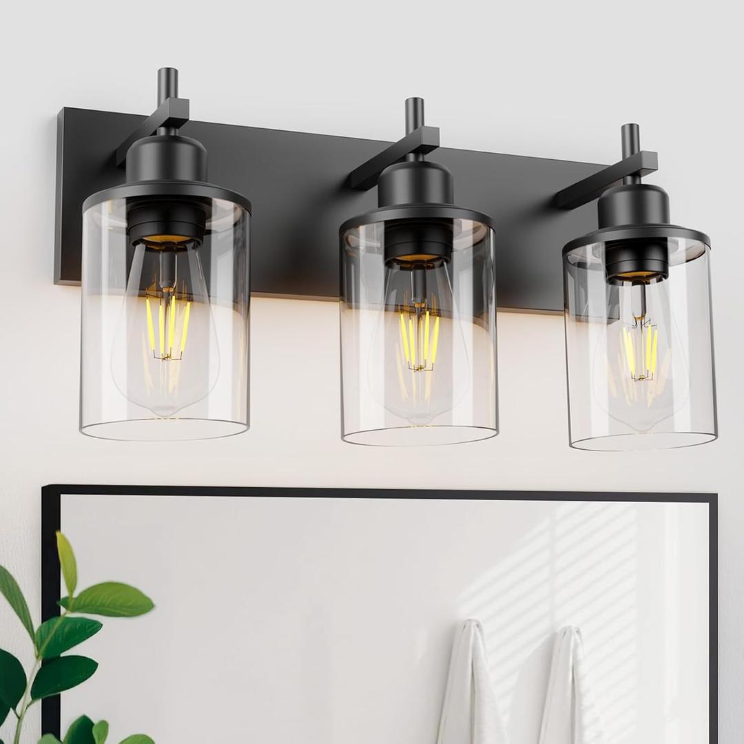 Lanhall 3Light Black Bathroom Light Fixture Over Mirror Modern Farmhouse Bathroom Vanity Light Vintage Wall Lighting with Clear Glass Shade for Bathroom, Bedroom, Hallway, Cabinet