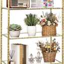 BEGINS 5 Tier Vintage Gold Bookshelf with Glass Shelves, Freestanding Tall Bookcase Display Rack with Hammered Texture Finish for Bedroom, Living Room, Home Office, Study, Entryway, Home Decor