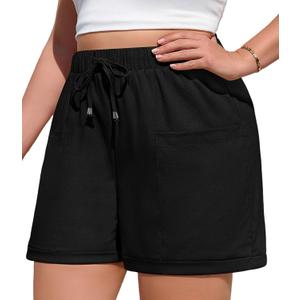 Yusongirl Plus Size Casual Shorts for Women Casual Elastic Wide Leg Drawstring Lightweight Summer Pull On Shorts with Pockets (Black)