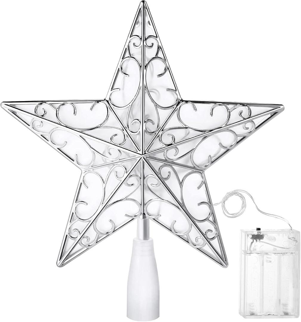 Nuanchu Christmas Star Tree Topper 10.4 x 9.4 Inch Large 3D Glitter Topper Ornament Metal Hollowed with 20 LED Lights Vintage Xmas Reflector Treetop New Year Holiday Indoor Decor(Silver White)