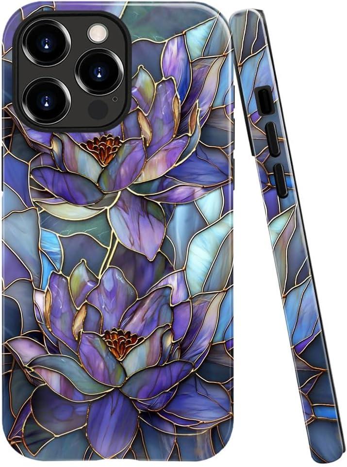 Case Compatible with iPhone 16 Pro,Fall Prevention Bright Hybrid 2-Layer Hard Shell Phone Case for Girls Boys,Purple Lotus Floral
