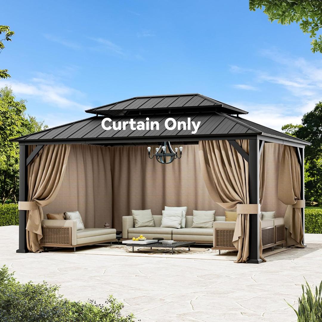 Gazebo Curtain Replacement Universal 4-Panel Sidewalls 12' x 16', Outdoor Gazebo Privacy Curtains with Zipper, Replacement for Outdoor, Patio Canopy, Garden and Backyard (Curtain Only) (Khaki)
