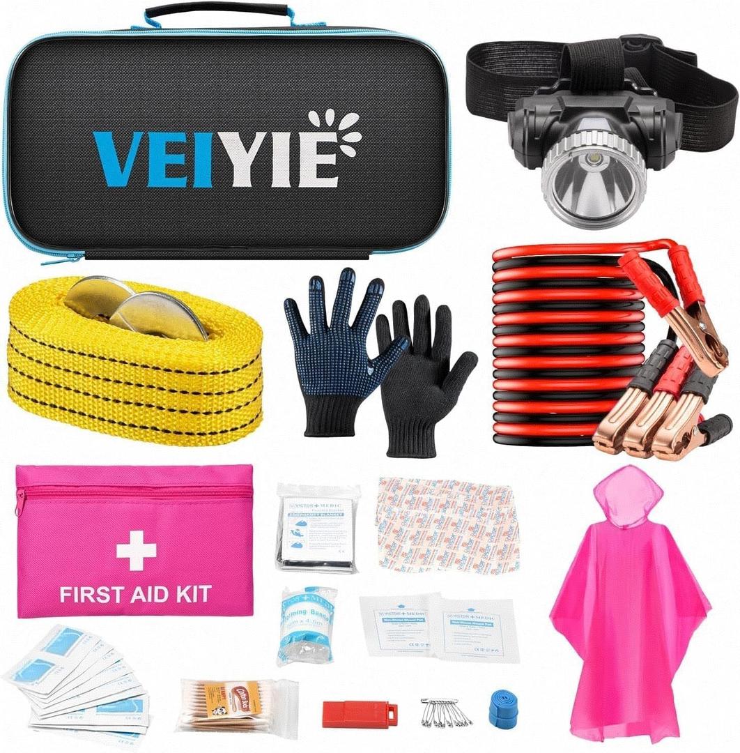 Car Roadside Emergency Kit with Jumper Cables, Car First Aid Kit Emergency Kit for Vehicles, Car Safety Roadside Assistance Kit Headlamp, Tow Straps, Gloves, Essential Car Accessories for Men, Women (Pink)