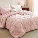 CozyLux Queen Comforter Set Peach Pink, 7 Pieces Pintuck Bed in A Bag, Premium Pink Comforter Queen Size, Pinch Pleat Bedding Sets with Comforter, Sheets, Pillowcases & Shams