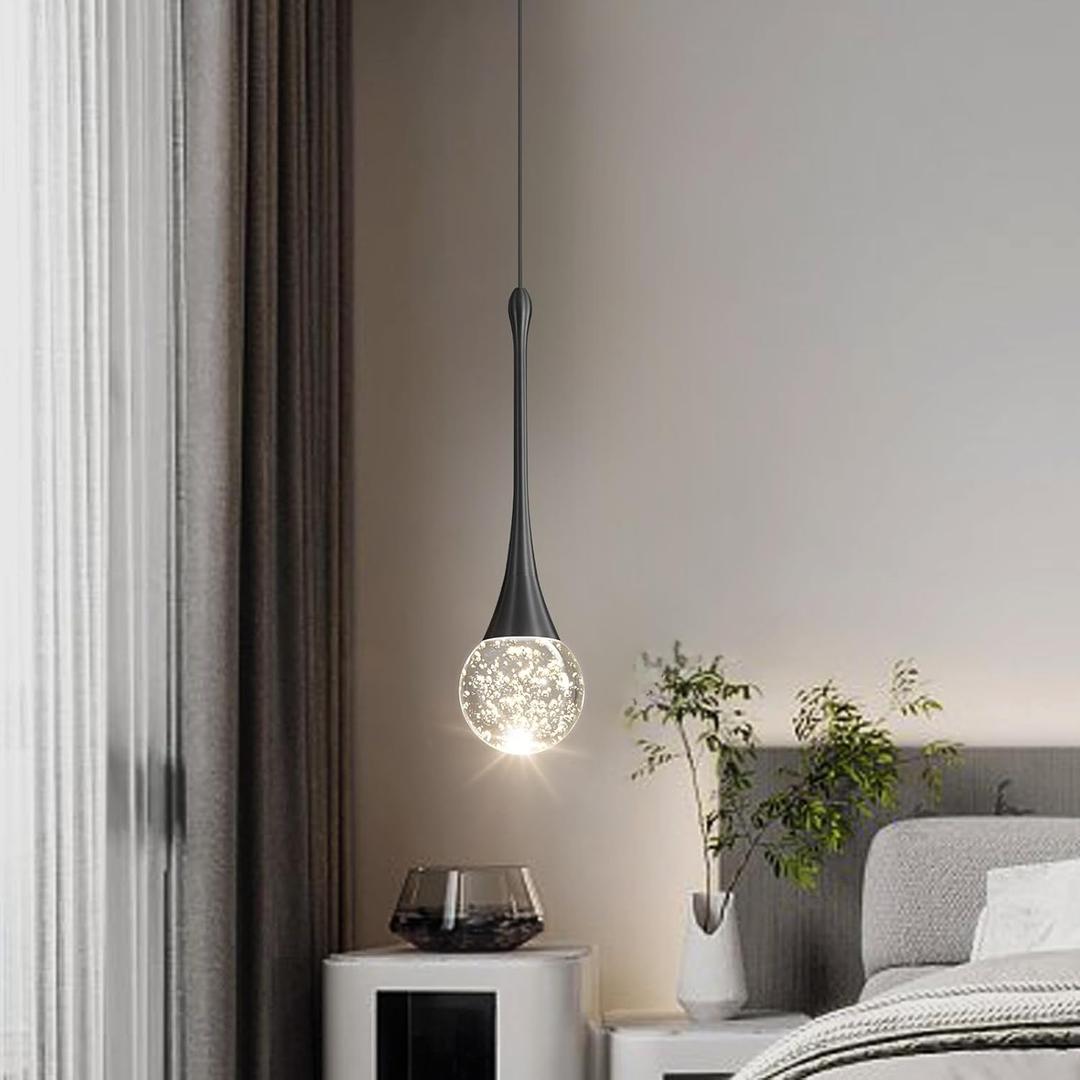 Modern Pendant Lights for Kitchen Island LED Dimmable Crystal Glam Ceiling Pendant Lighting for Dining Room Hallway Bedroom Corner Lamp Black (1 Light)