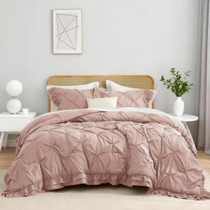 104x90 Ruffled Comforter Set with 2x20x36 Pillowcases Cozy Warm Bedding Set for Room Decor Blush Pink Breathable Quilted Comforter Set for Family, King Size