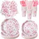 Yungyan 218 Pcs Floral Party Plates Pink and White Tableware Set Disposable Wildflower Paper Plates and Cups and Napkins Tea Party Supplies for Wedding Bridal Shower Birthday Baby Shower