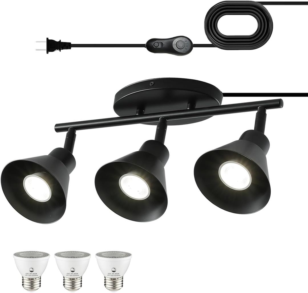Black 3 Light Plug in Ceiling Light Fixture,Modern Plug in Track Lighting,16.4ft Cord with Timer & Dimming Switch,3 Way Ceiling Spot Lighting,Flexibly Rotatable Light HeadDimmable LED Bulbs Included