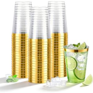 N9R 72PCS Gold Plastic Cups, 12OZ Clear Plastic Cups with Gold Rim, Disposable Cups Perfect for Parties, Wedding and Birthday