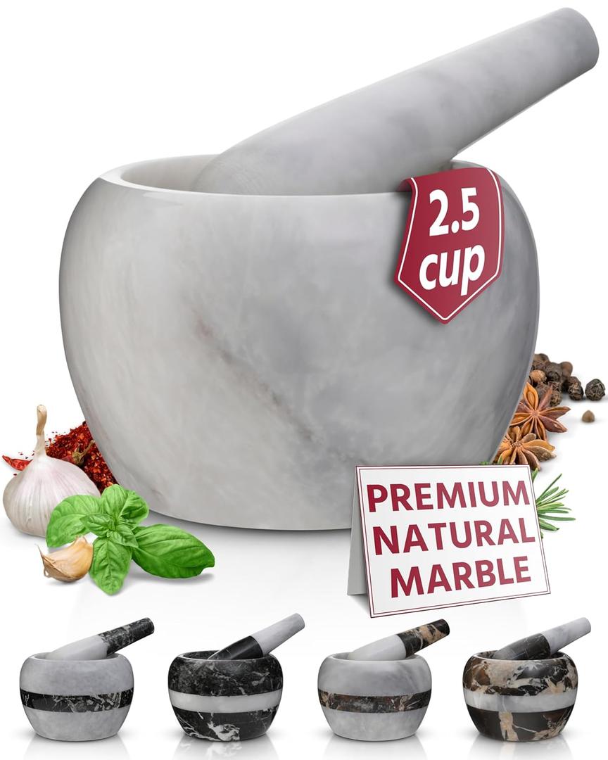 Gusto Nostro Natural Marble Mortar and Pestle Set | 5 Inch - 2.5 Cup Large Mortar Pestle Set for Grinding Herbs, Nuts, Grains | Pesto Grinding and Guacamole Stone Bowl | Marble Spice Crusher (White)