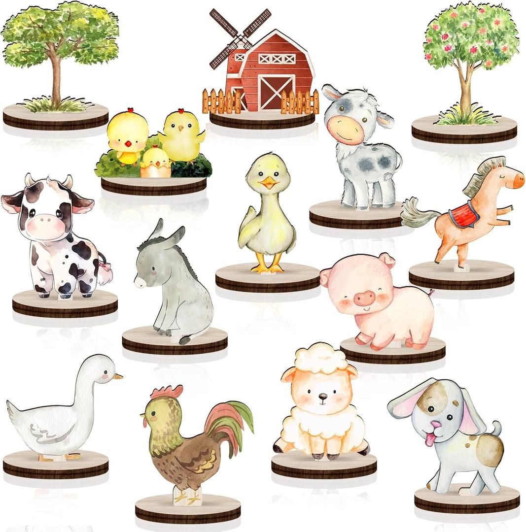 14Pcs Farm Animals Wood Table Centerpieces Farm Creatures Cutout Shapes Table Toppers Farm Themed Baby Shower Decorations Wooden Barnyard Farm Animal for Birthday Party Supplies