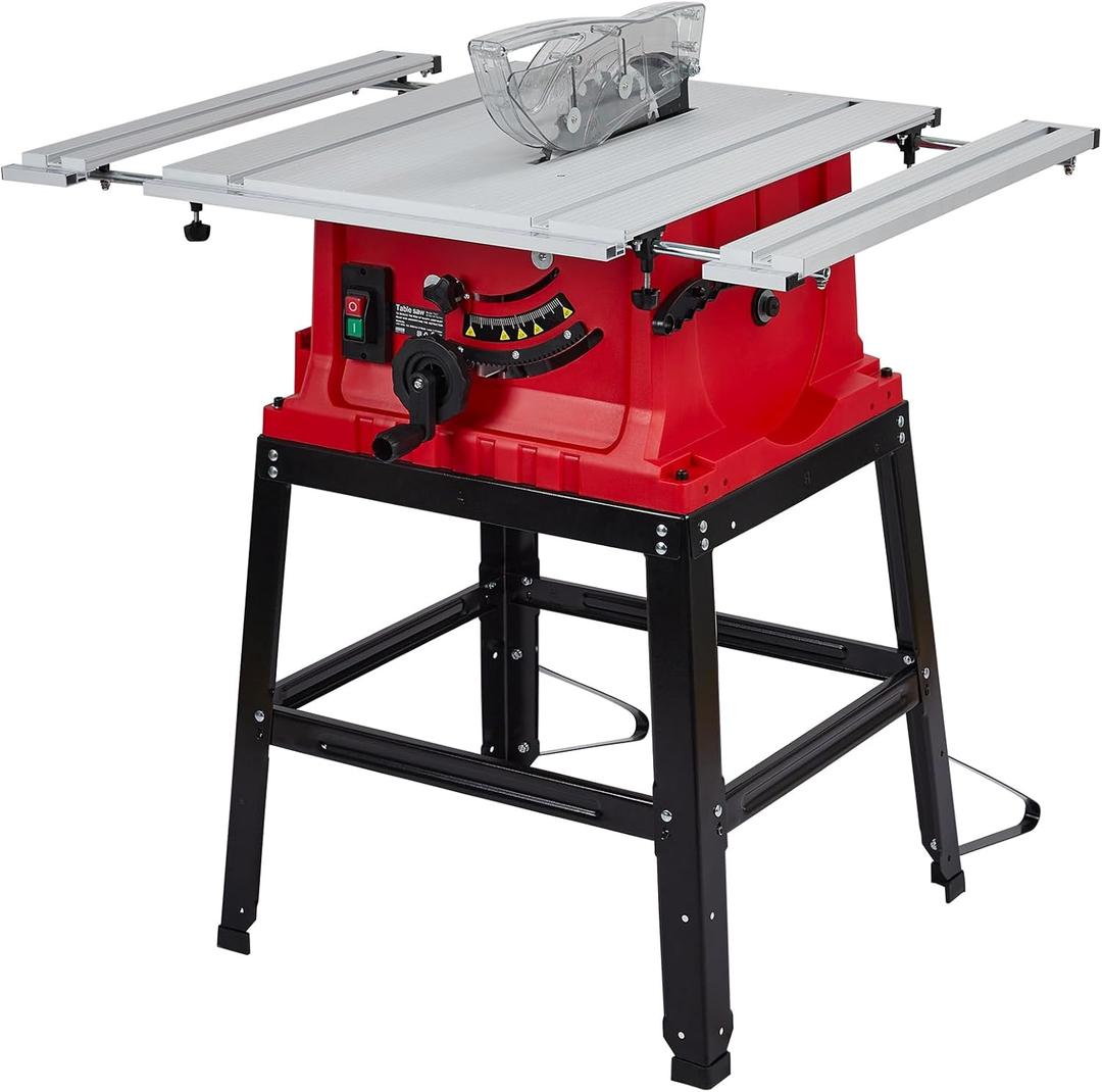 Table Saw, 10 Inch 15A Multifunctional Saw with Stand & Push Stick for Jobside, 90 Cross Cut & 0-45 Bevel Cut, Cutting Speed Up to 5000RPM, Adjustable Blade Height, Ideal for Woodworking
