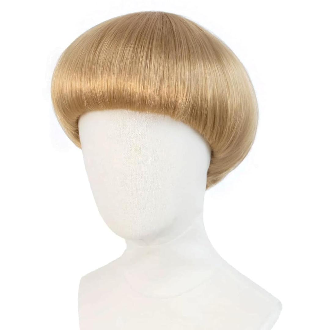 JoneTing Short Blonde Mushroom Wig+Hair Cap Bowl Cut Wigs 70s 80s Men Wigs Short Blonde Funny Wig for Man Blond Bob Hair With Bang for Christmas Cosplay Costume for Halloween Party Outfit