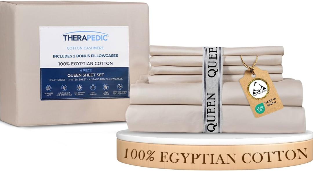 Therapedic 100% Egyptian Cotton Queen 6-Piece Sheet Set  Naturally Cooling & Breathable Sateen, Preshrunk Garment Wash, 16" Deep Pocket Fitted Sheet, Bonus Pillowcases, Soft & Durable - Fog