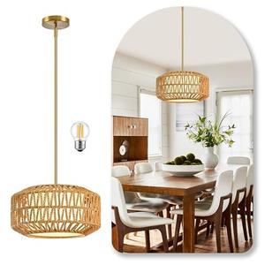 AyshwillDec 12.6 inch Natural Rattan Light Fixture Woven Pendant Lights Rustic Light Fixtures Fabric Shade Boho Chandelier for Dinning Room Kitchen (Bulb Incl.)