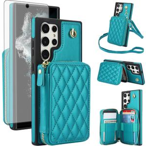 Asuwish Phone Case for Samsung Galaxy S26 Ultra 5G Wallet Cell Cover with Tempered Glass Screen Protector Wrist Crossbody Strap RFID Blocking Card Holder S26Ultra 26S S 26 26Ultra Women Girls Green