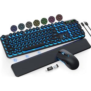 Wireless Keyboard and Mouse Backlit - Typewriter Keyboard with Magnetic Wrist Rest, Retro Round Keycaps, Light Up Letters, 2.4GHz Cordless Combo for Mac, Windows, PC, Laptop, Trueque [Upgraded] (Black)