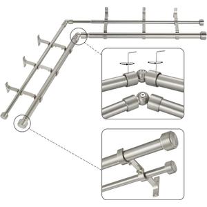 Brushed Nickel Double Corner Window Curtain Rods with Aluminum End Cap Finials and Brackets,1 Inch Diameter Dual Bay Window Curtain Rods, Adjustable 2 Sided 32-86 Inch Double Drapery Rod