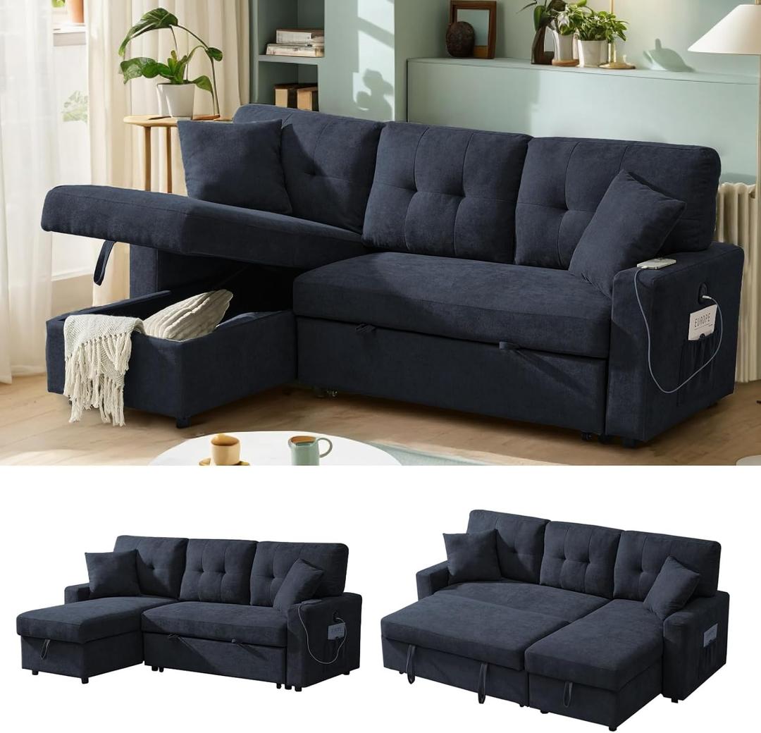 NicBex Modern L-Shaped Sofa Bed with Reversible Storage Chaise  Black Convertible Sectional with USB Ports  3-in-1 Sleeper Pull Out Couch for Living Room, Apartments & Small Spaces