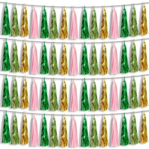 4P Pink-Gold Sage-Green Party-Decorations Foil Fringe Metallic Tassel Streamers Banner Tassel Garland for Parade Floats, Birthday, Bachelorette, Wedding, Halloween, Christmas