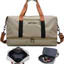 Canvas Weekender Bag for Men & Women Large Travel Duffel with Shoe Compartment Vintage Khaki Overnight Carry-On Luggage Tote with Leather Trim (Khaki)