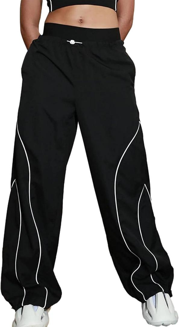 Zontroldy Cargo Pants Women Parachute Pants Y2K Baggy Casual High Waist Wide Leg Track Pants Streetwear (Medium, Black)