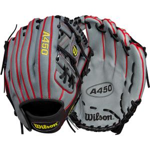 Wilson A450 11.5” Youth Infield Baseball Glove - Left Hand Throw, Grey/ Black/ Yellow