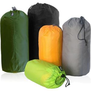 Frelaxy Stuff Sack Set 5-Pack (3L&5L&9L&15L&20L), Ultralight Ditty Bags with Dust Flap for Traveling Hiking Backpacking (Neon Green & Orange& Gray& Army Green & Black)