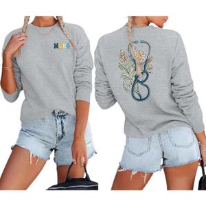 Nurse Graphic Crewneck Sweatshirts for women Floral Stethoscope Lightweight Sweatshirt Pullover Hoodie Nurses Gifts (Medium, Gray)