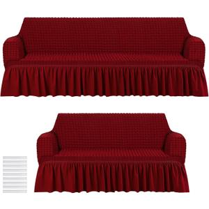 Fanfanwin 2 Pcs Sofa Slipcover Set for Couch Cushion Couch Cover with Skirt Durable Washable High Elastic Stretchable Furniture Covers for Sofa Loveseat Arm Chair (Wine Red)