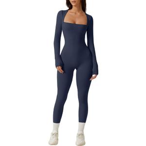 QINSEN Womens Sexy Square Neck Long Sleeve Full Length Leggings Bodycon Stretch Jumpsuit (Small, Navy Blue)